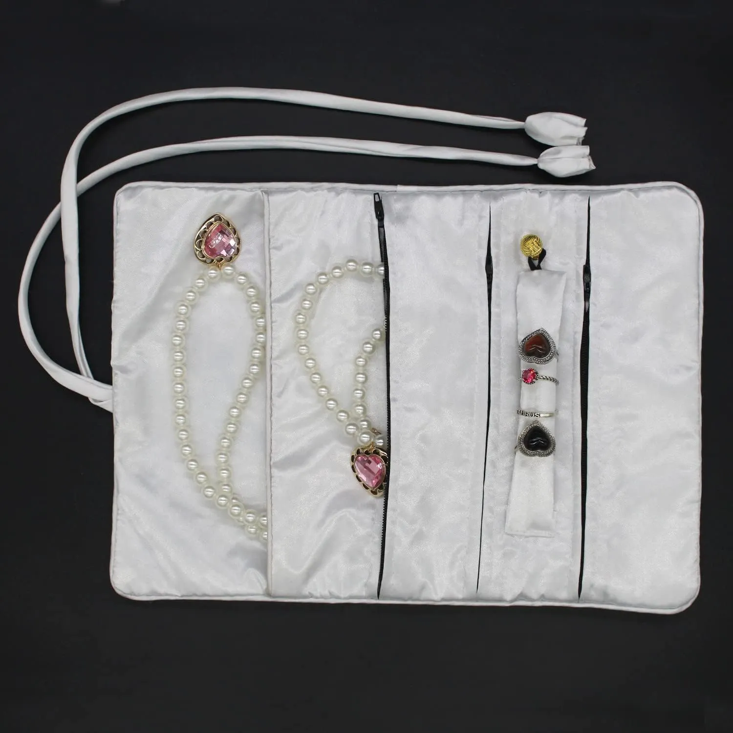 SmilerSmile Jewelry Travel Bag Embroidery Travel Jewelry Organizer with Tie Close Embroidered Flower Jewelry Roll for Women Girls (Butterfly/White)
