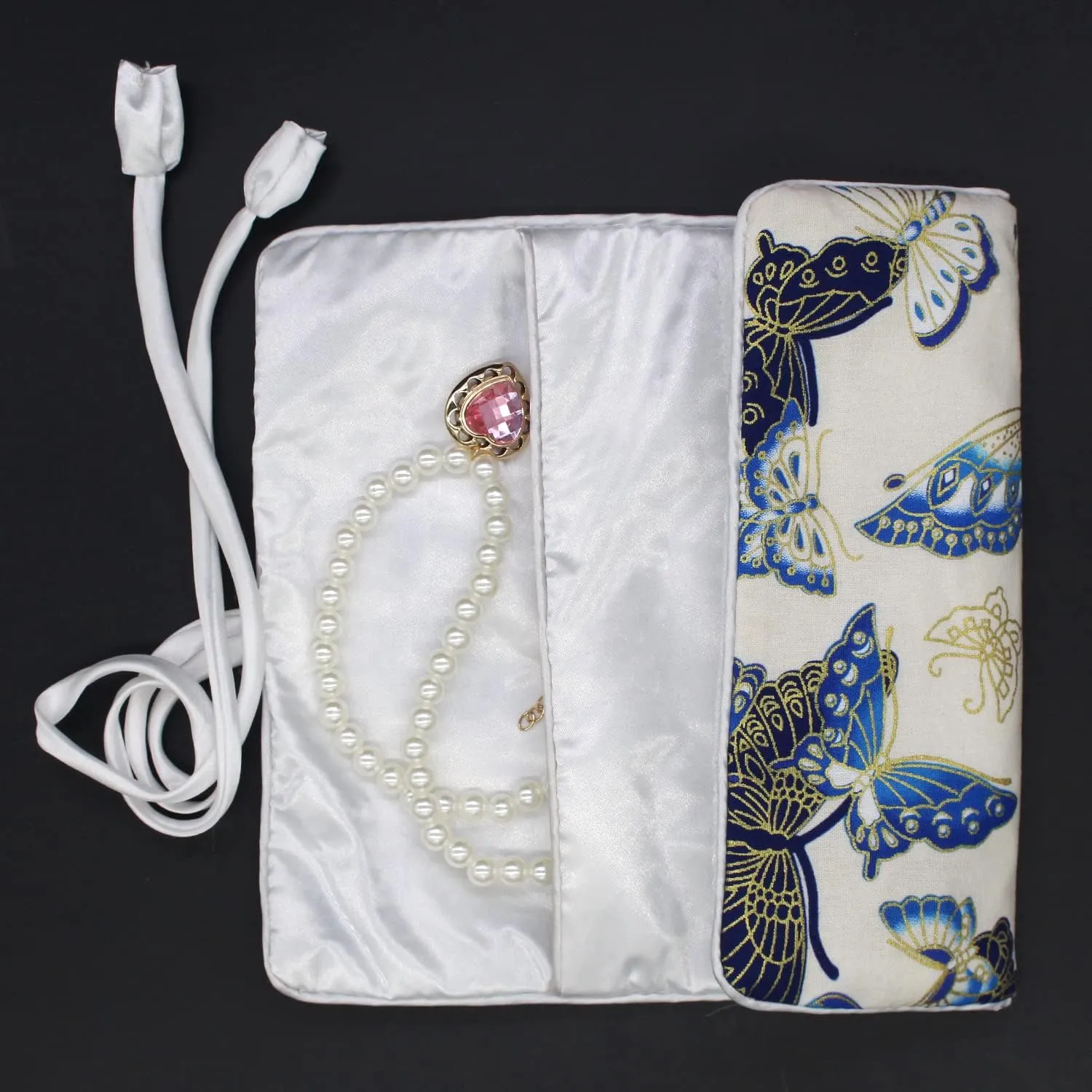 SmilerSmile Jewelry Travel Bag Embroidery Travel Jewelry Organizer with Tie Close Embroidered Flower Jewelry Roll for Women Girls (Butterfly/White)