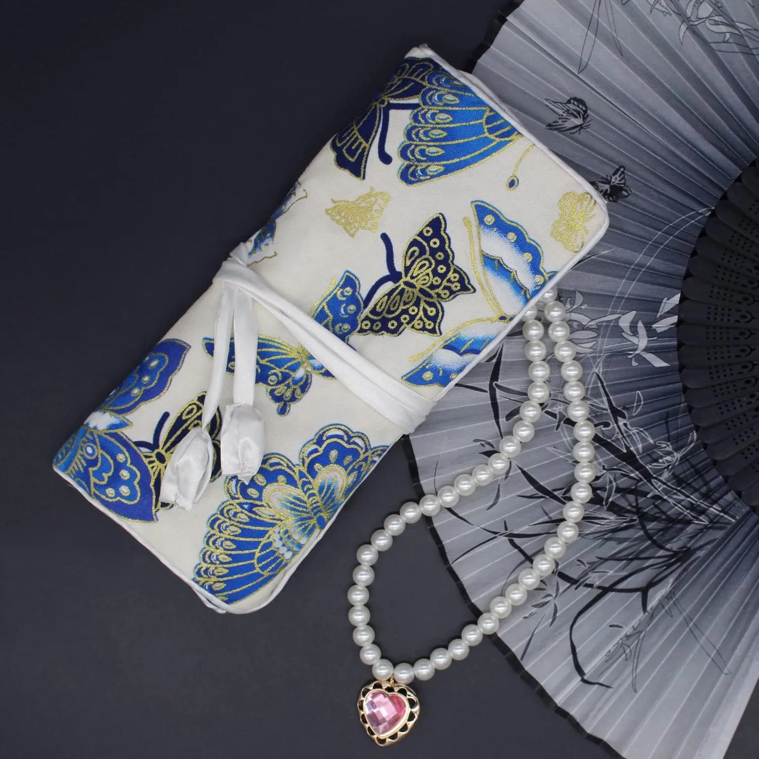SmilerSmile Jewelry Travel Bag Embroidery Travel Jewelry Organizer with Tie Close Embroidered Flower Jewelry Roll for Women Girls (Butterfly/White)