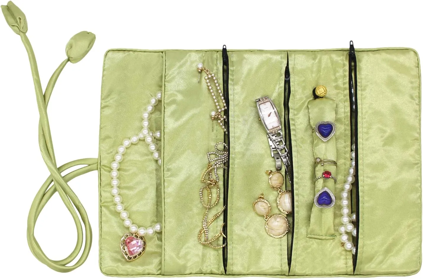 SmilerSmile Jewelry Travel Bag Embroidery Travel Jewelry Organizer with Tie Close Embroidered Flower Jewelry Roll for Women Girls (Flower Green)