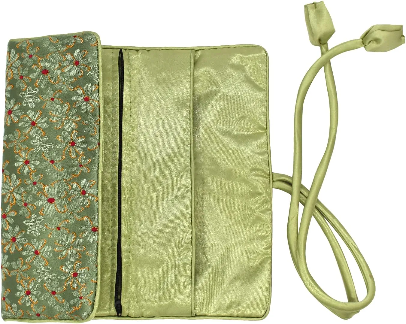 SmilerSmile Jewelry Travel Bag Embroidery Travel Jewelry Organizer with Tie Close Embroidered Flower Jewelry Roll for Women Girls (Flower Green)