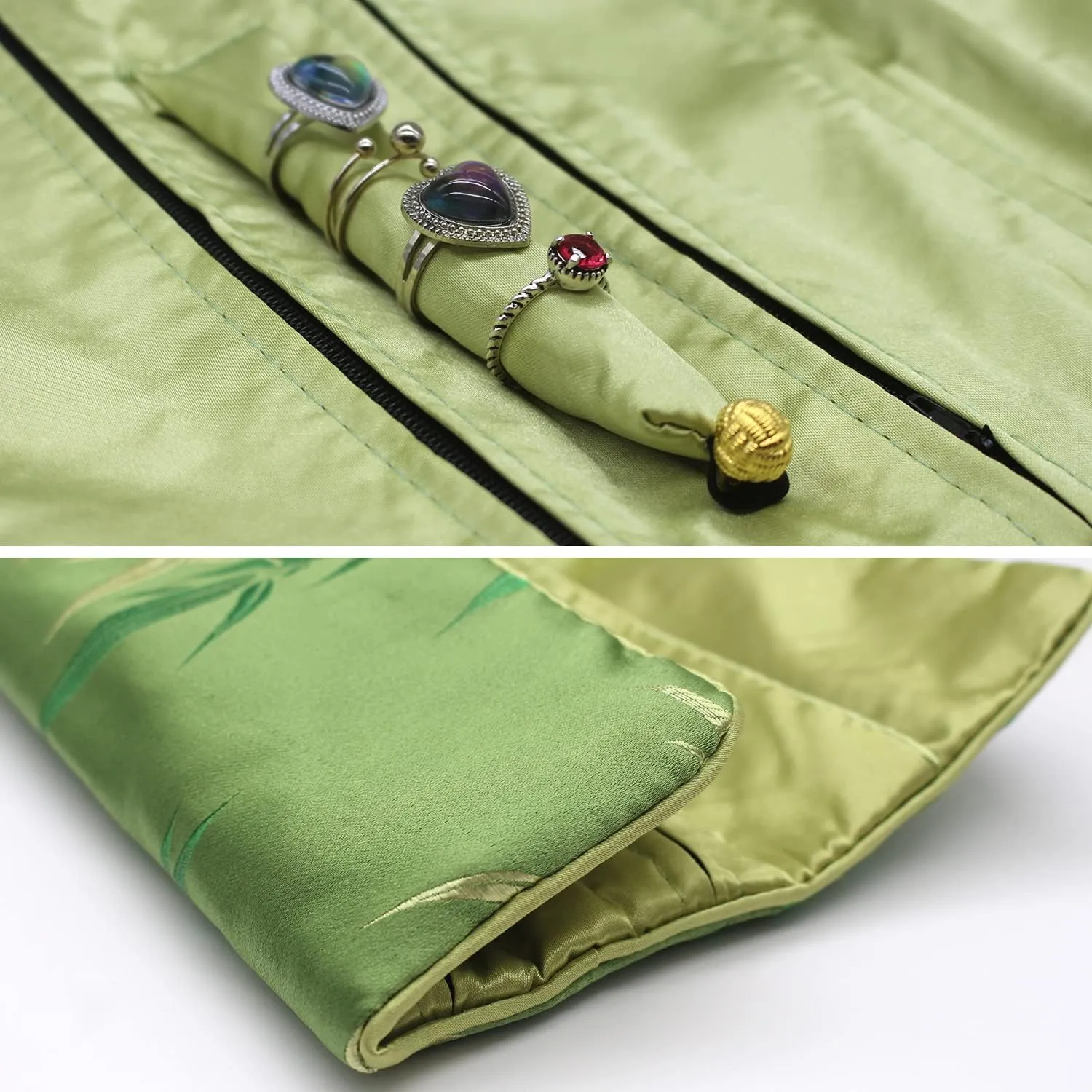 SmilerSmile Jewelry Travel Bag Embroidery Travel Jewelry Organizer with Tie Close Embroidered Flower Jewelry Roll for Women Girls (Flower Green)