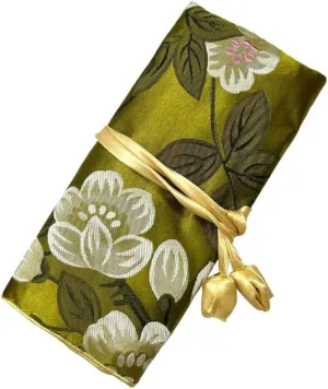 SmilerSmile Jewelry Travel Bag Embroidery Travel Jewelry Organizer with Tie Close Embroidered Flower Jewelry Roll for Women Girls (Plum Blossom, Green)