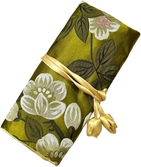 SmilerSmile Jewelry Travel Bag Embroidery Travel Jewelry Organizer with Tie Close Embroidered Flower Jewelry Roll for Women Girls (Plum Blossom, Green)