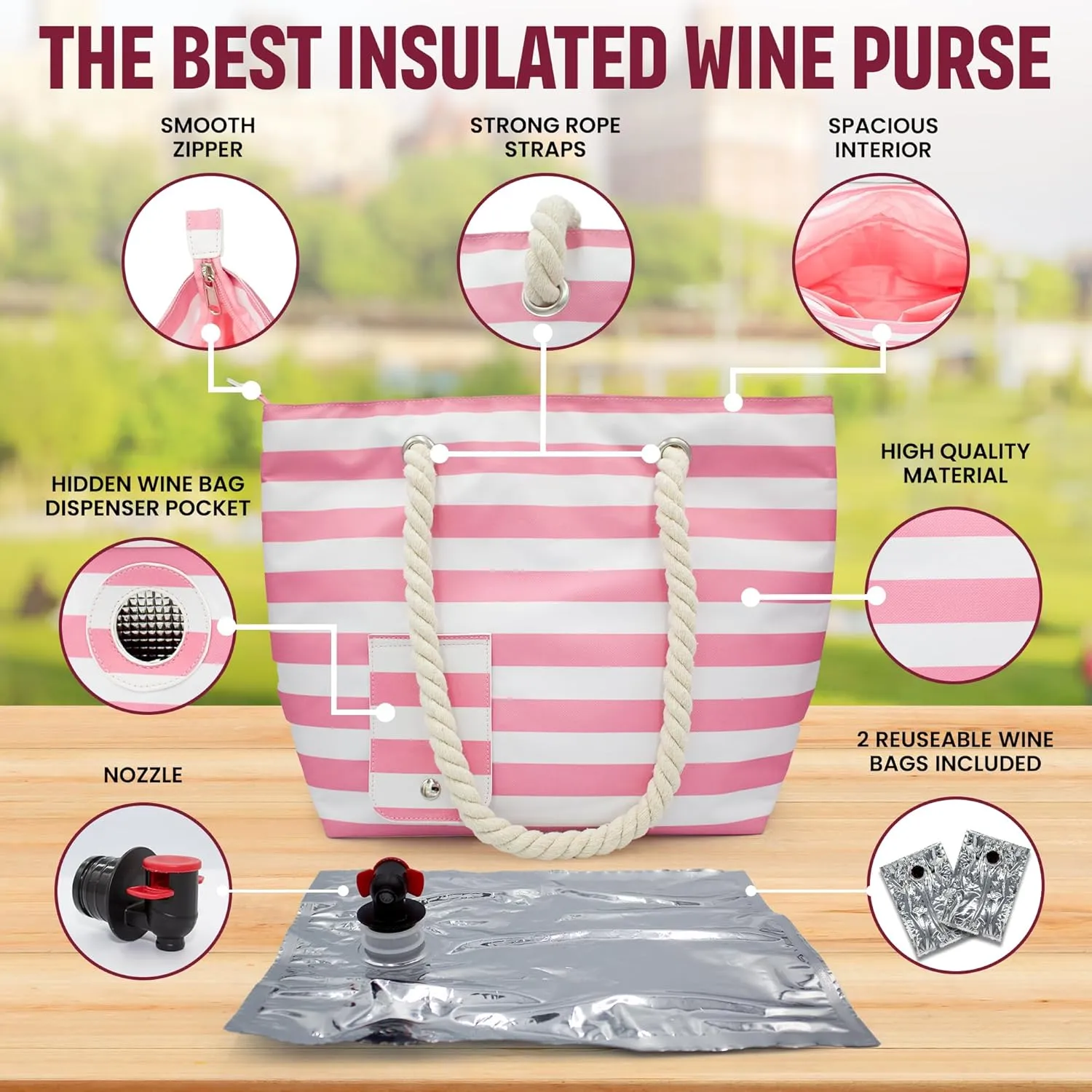 Sneaky Booze Wine Purse Tote Bag Cooler With Hidden Spout Alcohol Dispenser Insulated Flask Holds 2 Bottles Easy Pouring Durable Stylish Portable Carrier Design For Traveling Picnics Parties Beach