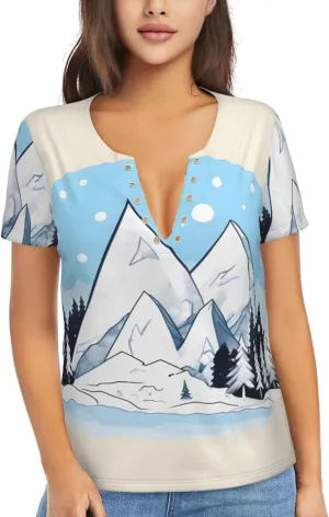 Snow-Capped Mountains Printed Women's Slim deep V-Neck Short-Sleeved, Yoga Running Training Clothes