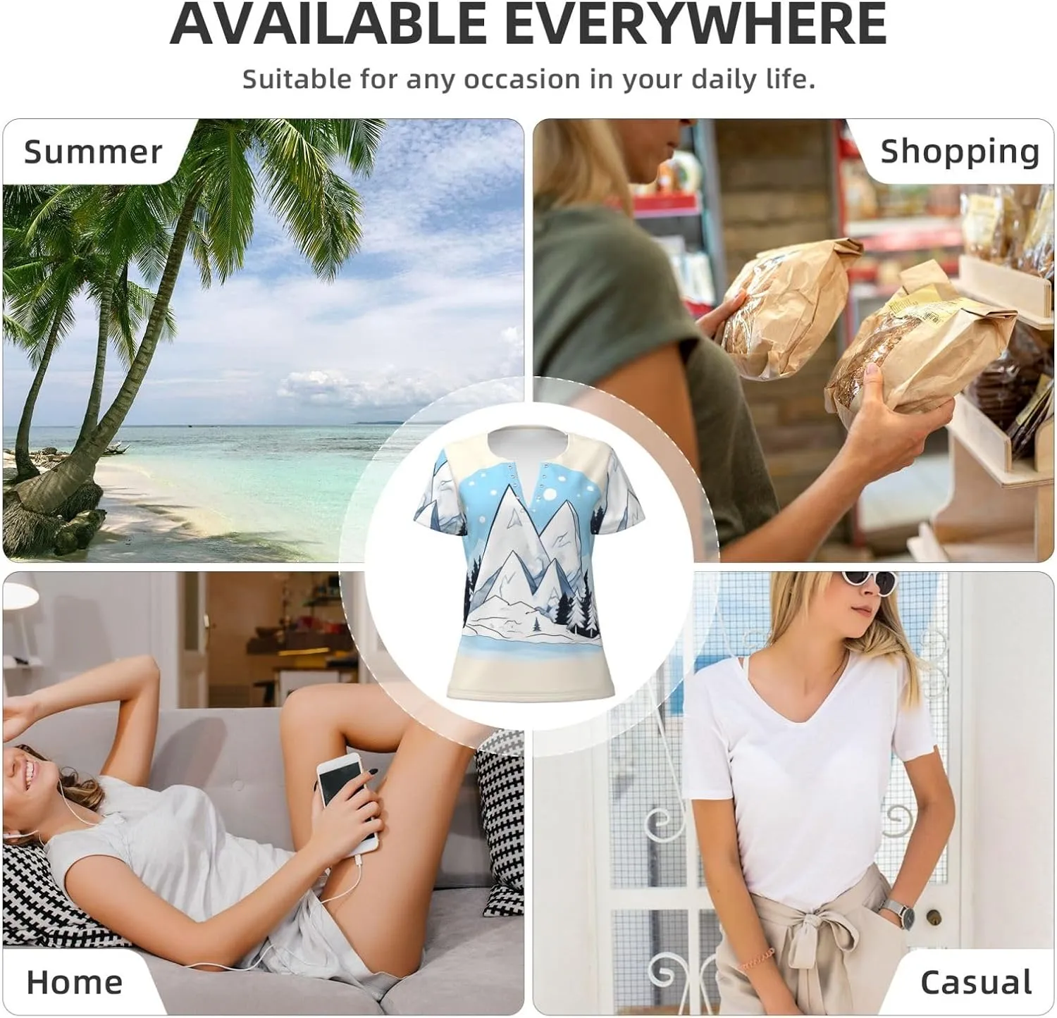 Snow-Capped Mountains Printed Women's Slim deep V-Neck Short-Sleeved, Yoga Running Training Clothes