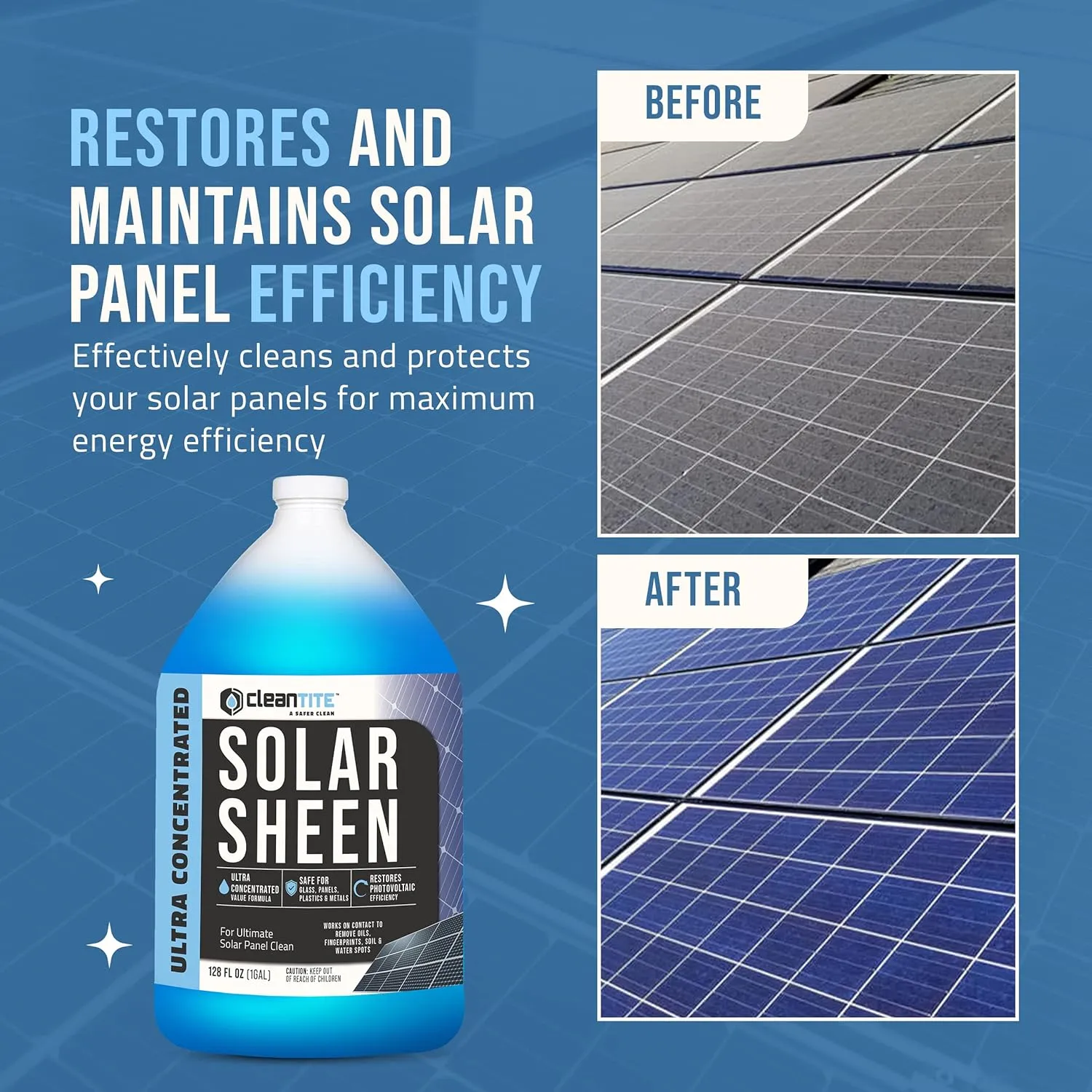 Solar Panel Cleaner 1 Gallon (Makes 512 G) - Super Concentrated Cleaning Solution for Glass, Metal, Wood & Plastic - Remove Oil, Fingerprint & Water Spots - Multipurpose Solar Panel Cleaning
