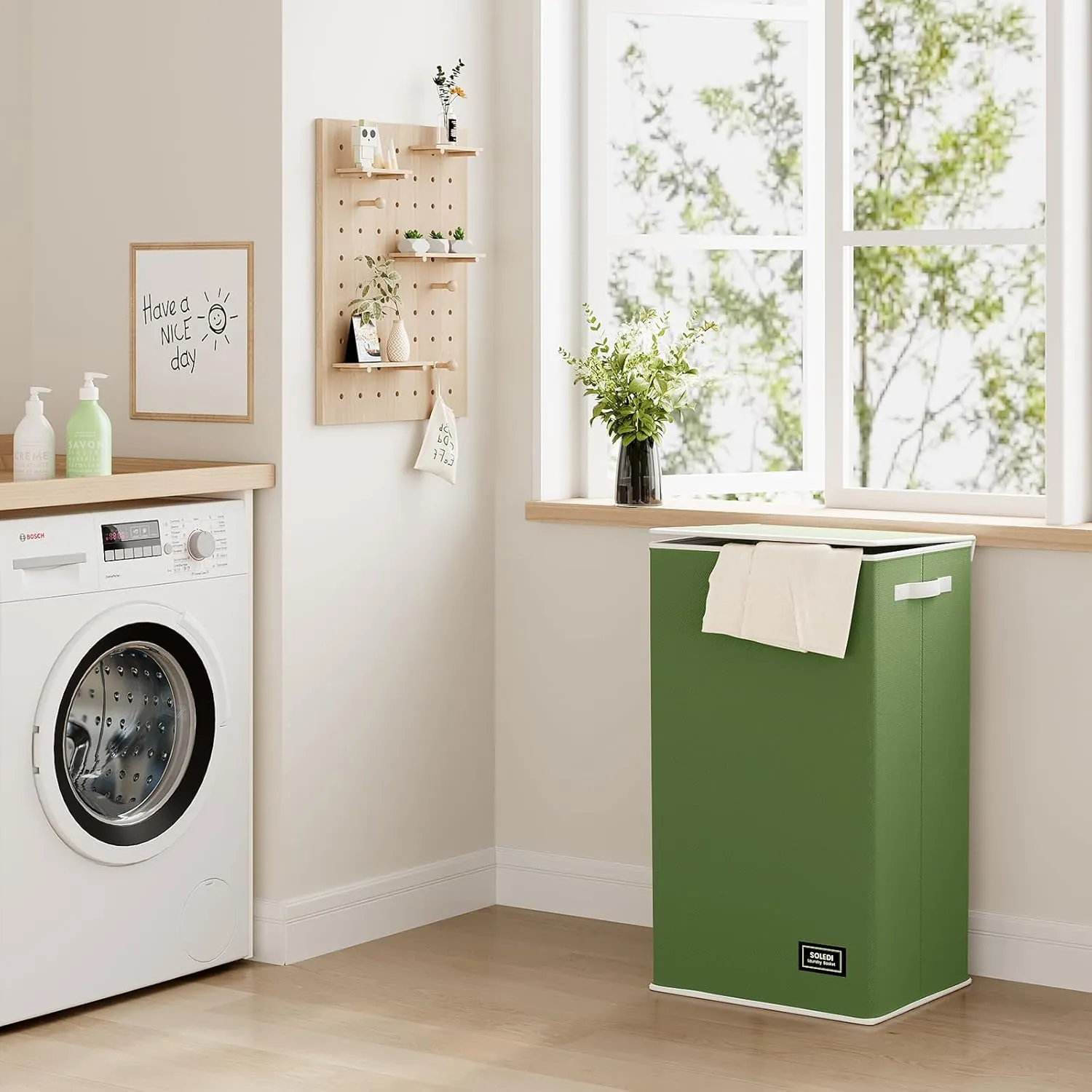 SOLEDI Laundry Hamper with Lid 100L Large & Tall Collapsible Laundry Basket, Clothes Hamper with Bag Removable Easy to Carry, Dirty Hampers for Bedroom, Bathroom, Dorm, College, Dark Green
