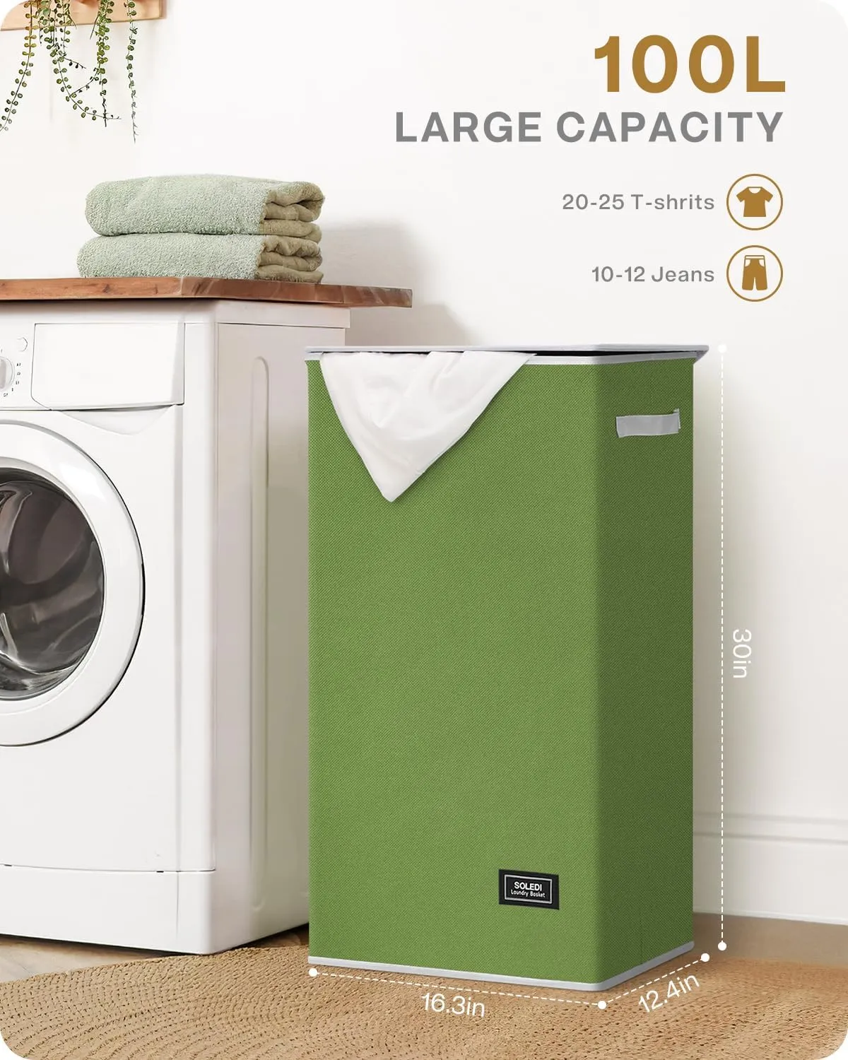 SOLEDI Laundry Hamper with Lid 100L Large & Tall Collapsible Laundry Basket, Clothes Hamper with Bag Removable Easy to Carry, Dirty Hampers for Bedroom, Bathroom, Dorm, College, Dark Green