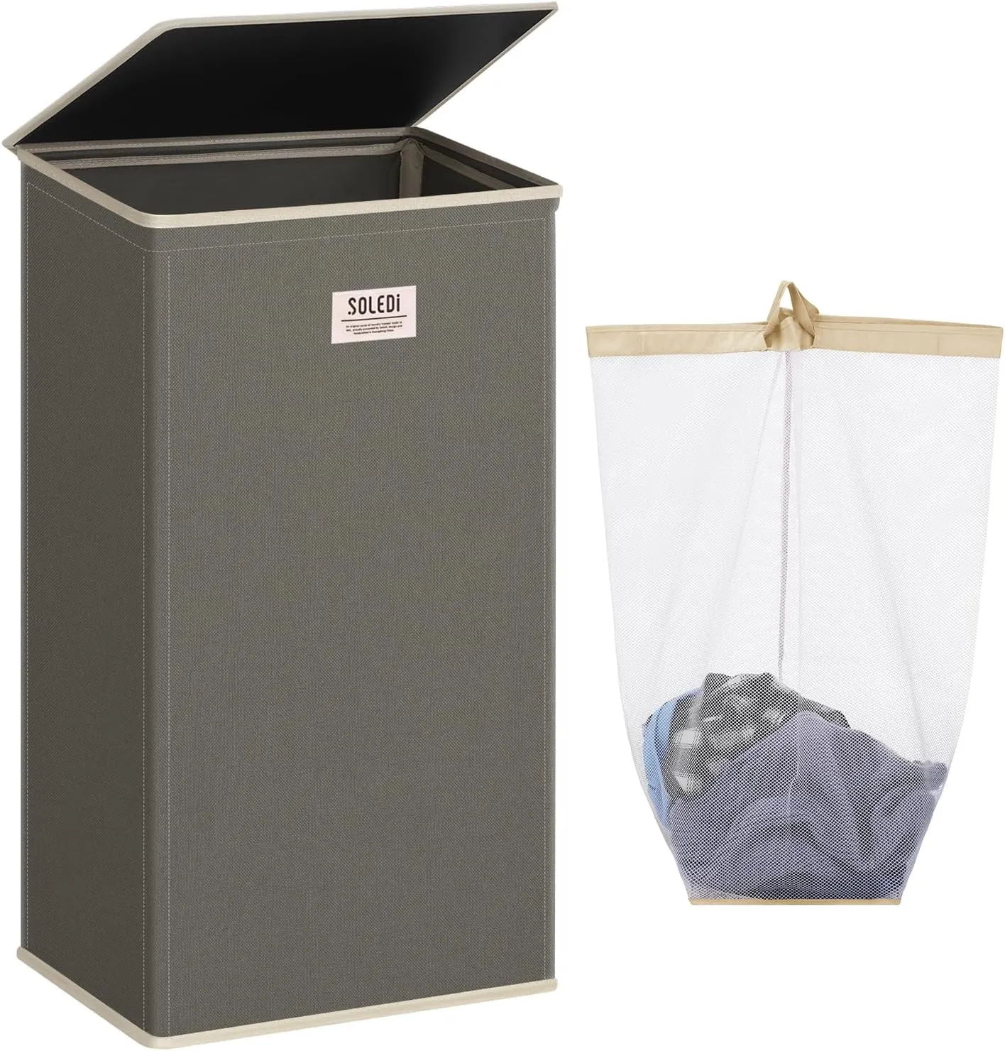 SOLEDI Laundry Hamper with lid, 100L Large Laundry Basket with Removable Bag Easy to Carry, Tall Clothes Hamper,Dirty Hampers for Bedroom, Bathroom, Dorm Cement