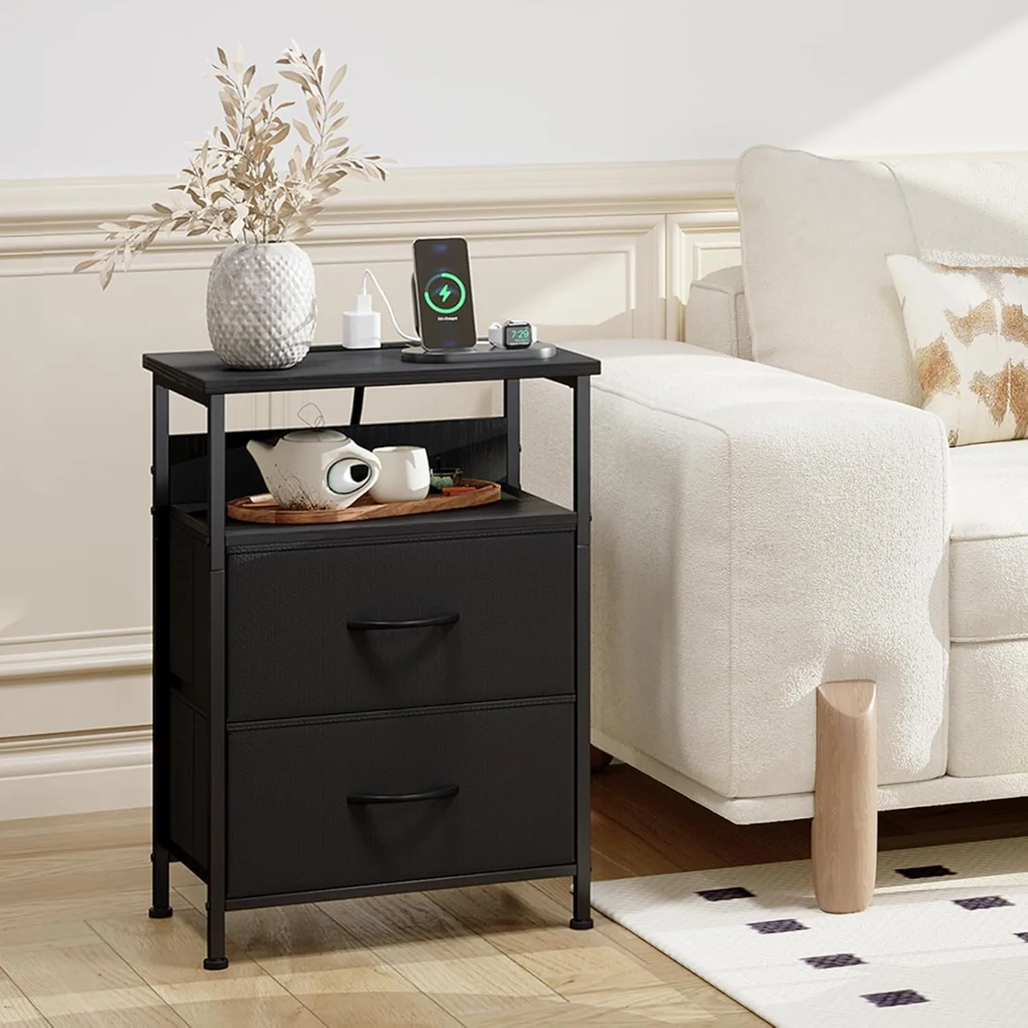 Somdot Black Nightstand with Charging Station and LED Light for Bedroom, 2 Drawers Dresser with Fabric Bins for Bedside Kids Dorm Room Closet Laundry Entryway, Black