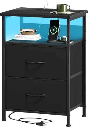 Somdot Black Nightstand with Charging Station and LED Light for Bedroom, 2 Drawers Dresser with Fabric Bins for Bedside Kids Dorm Room Closet Laundry Entryway, Black