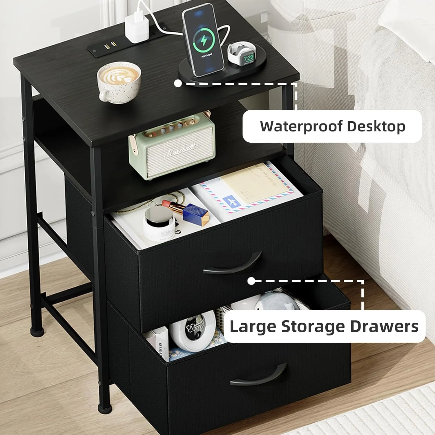 Somdot Black Nightstand with Charging Station and LED Light for Bedroom, 2 Drawers Dresser with Fabric Bins for Bedside Kids Dorm Room Closet Laundry Entryway, Black