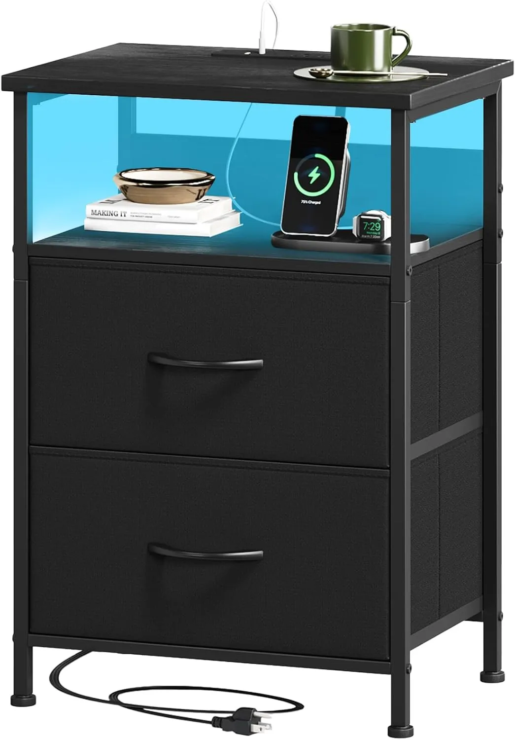 Somdot Black Nightstand with Charging Station and LED Light for Bedroom, 2 Drawers Dresser with Fabric Bins for Bedside Kids Dorm Room Closet Laundry Entryway, Black