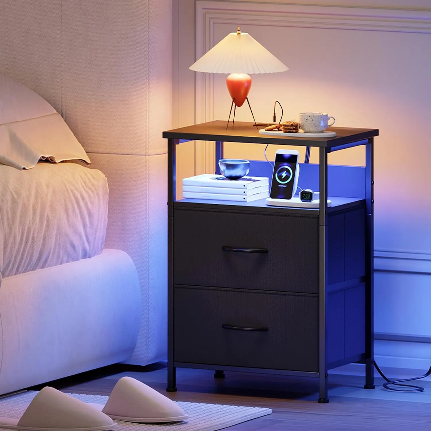 Somdot Black Nightstand with Charging Station and LED Light for Bedroom, 2 Drawers Dresser with Fabric Bins for Bedside Kids Dorm Room Closet Laundry Entryway, Black