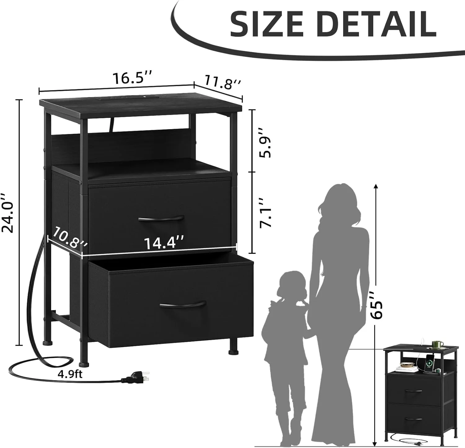 Somdot Black Nightstand with Charging Station and LED Light for Bedroom, 2 Drawers Dresser with Fabric Bins for Bedside Kids Dorm Room Closet Laundry Entryway, Black