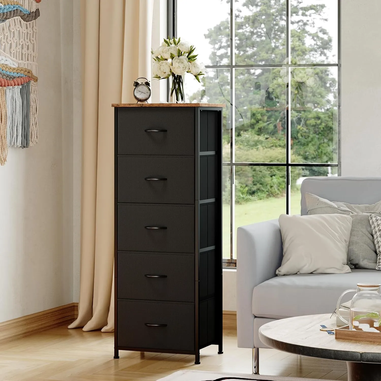 Somdot Tall Dresser for Bedroom with 5 Drawers, Storage Chest of Drawers with Removable Fabric Bins for Closet Bedside Nursery Laundry Living Room Entryway Hallway, Black