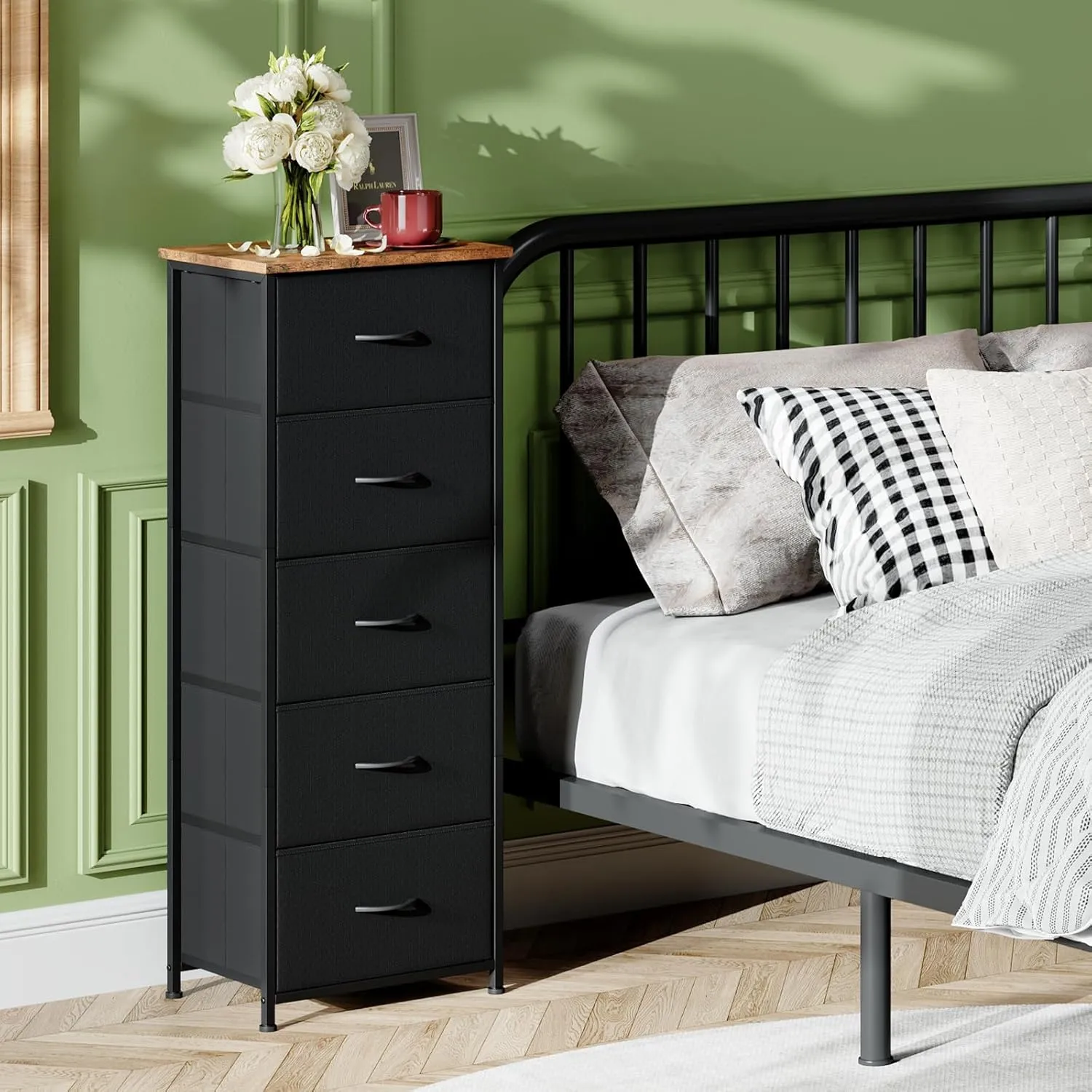 Somdot Tall Dresser for Bedroom with 5 Drawers, Storage Chest of Drawers with Removable Fabric Bins for Closet Bedside Nursery Laundry Living Room Entryway Hallway, Black