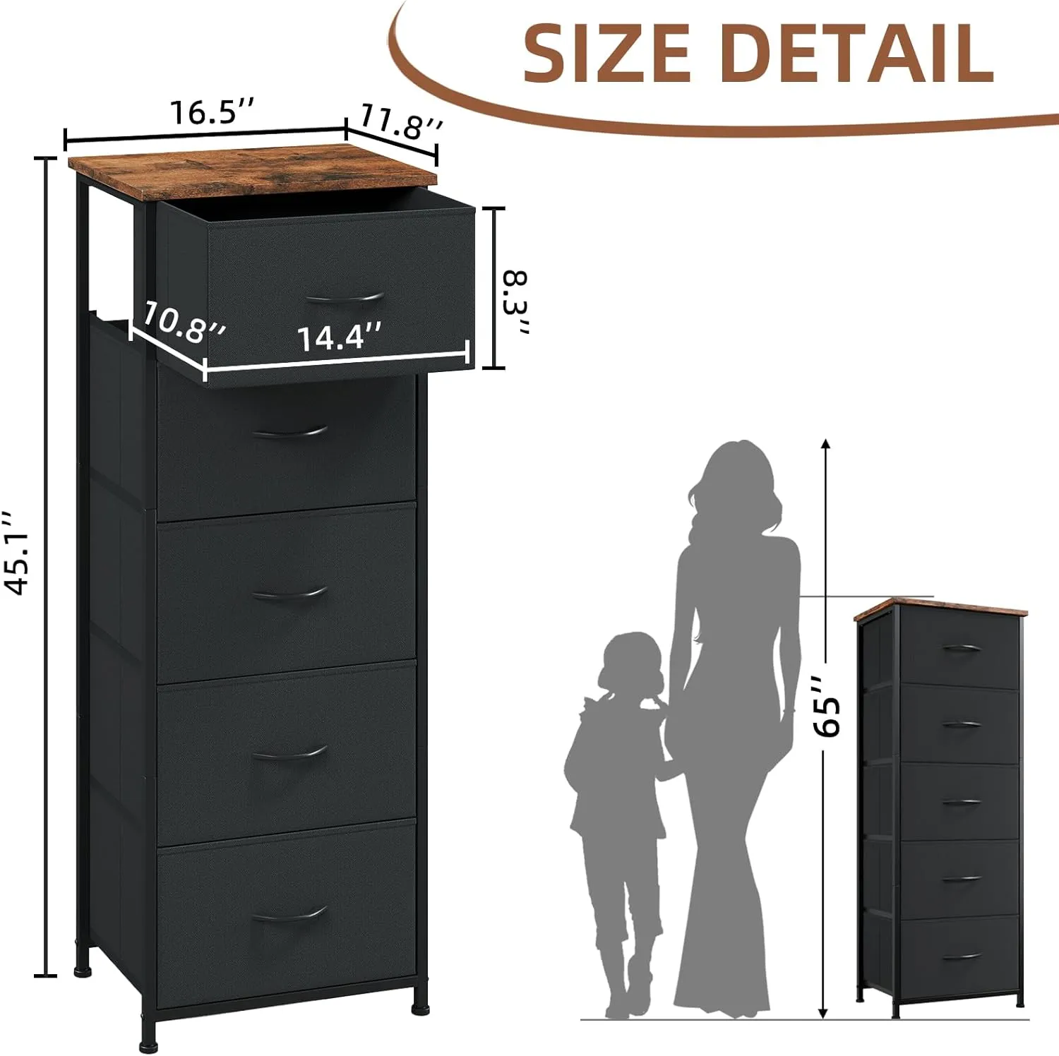 Somdot Tall Dresser for Bedroom with 5 Drawers, Storage Chest of Drawers with Removable Fabric Bins for Closet Bedside Nursery Laundry Living Room Entryway Hallway, Black