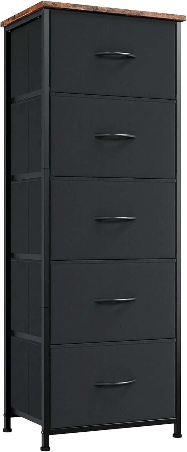 Somdot Tall Dresser for Bedroom with 5 Drawers, Storage Chest of Drawers with Removable Fabric Bins for Closet Bedside Nursery Laundry Living Room Entryway Hallway, Black
