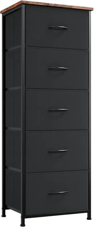 Somdot Tall Dresser for Bedroom with 5 Drawers, Storage Chest of Drawers with Removable Fabric Bins for Closet Bedside Nursery Laundry Living Room Entryway Hallway, Black