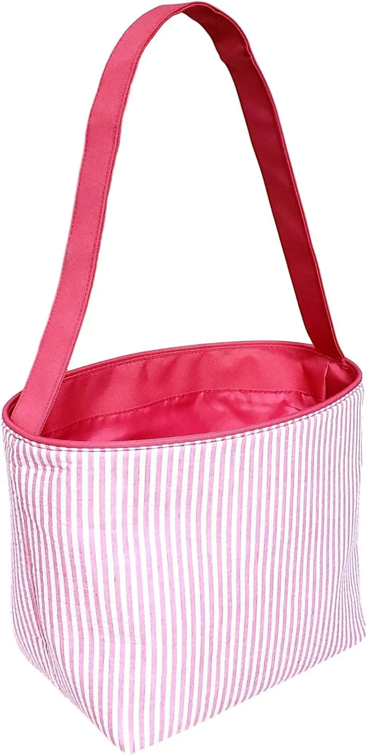 SONA G DESIGNS Pink Seersucker Stripe Fabric Easter Basket Bucket Tote Bag - Egg Collecting