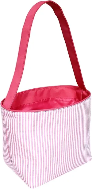 SONA G DESIGNS Pink Seersucker Stripe Fabric Easter Basket Bucket Tote Bag - Egg Collecting