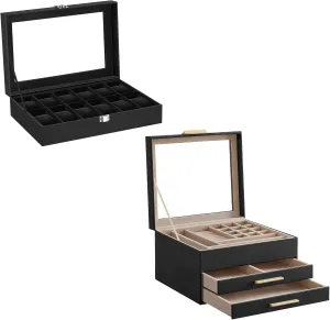 SONGMICS 3-Layer Jewelry Box and 12-Slot Watch Box Bundle, Jewelry Organizer with Glass Lid, Removable Watch Pillows, for Big and Small Jewelry,Graphite Black and Gold UJBC239B03 and UJWB012B01