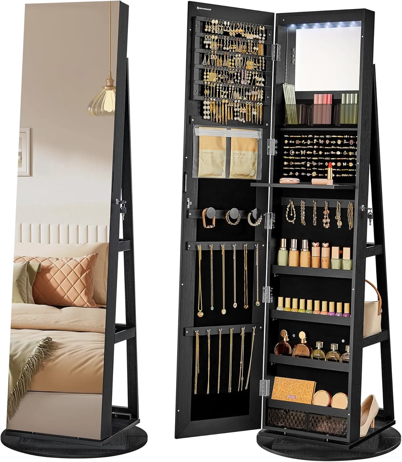 SONGMICS 6 LEDs Lockable Mirror Jewelry Cabinet, 360° Swivel Jewelry Organizer Armoire Standing, Frameless Full-Length Mirror, 3 Storage Shelves, Black Surface, Black Lining UJJC007B01