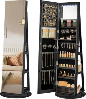 SONGMICS 6 LEDs Lockable Mirror Jewelry Cabinet, 360° Swivel Jewelry Organizer Armoire Standing, Frameless Full-Length Mirror, 3 Storage Shelves, Black Surface, Black Lining UJJC007B01