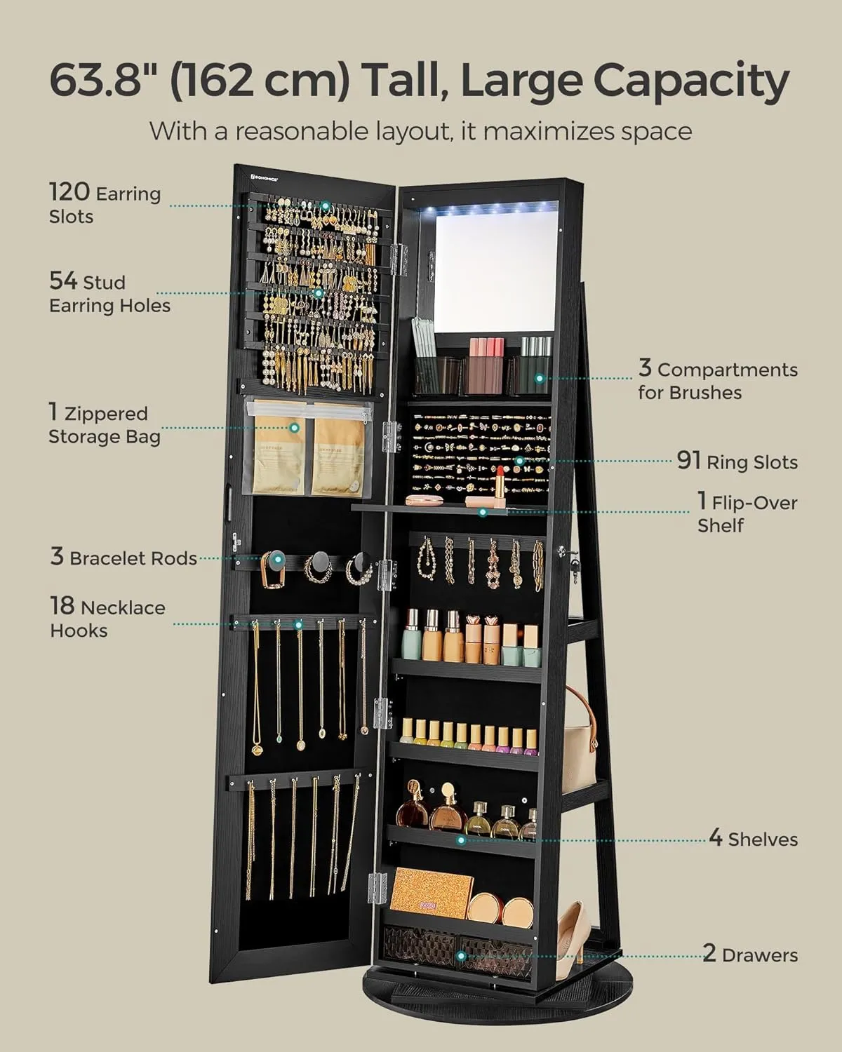 SONGMICS 6 LEDs Lockable Mirror Jewelry Cabinet, 360° Swivel Jewelry Organizer Armoire Standing, Frameless Full-Length Mirror, 3 Storage Shelves, Black Surface, Black Lining UJJC007B01