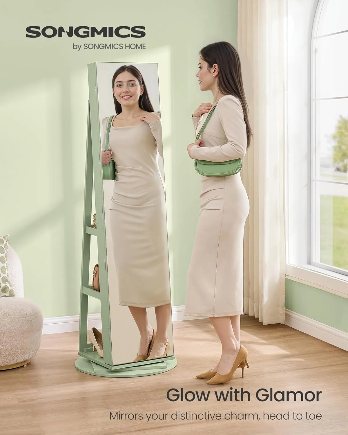 SONGMICS 6 LEDs Lockable Mirror Jewelry Cabinet, 360° Swivel Jewelry Organizer Armoire Standing, Frameless Full-Length Mirror, 3 Storage Shelves, Laurel Green Surface, Cream White Lining UJJC007C01