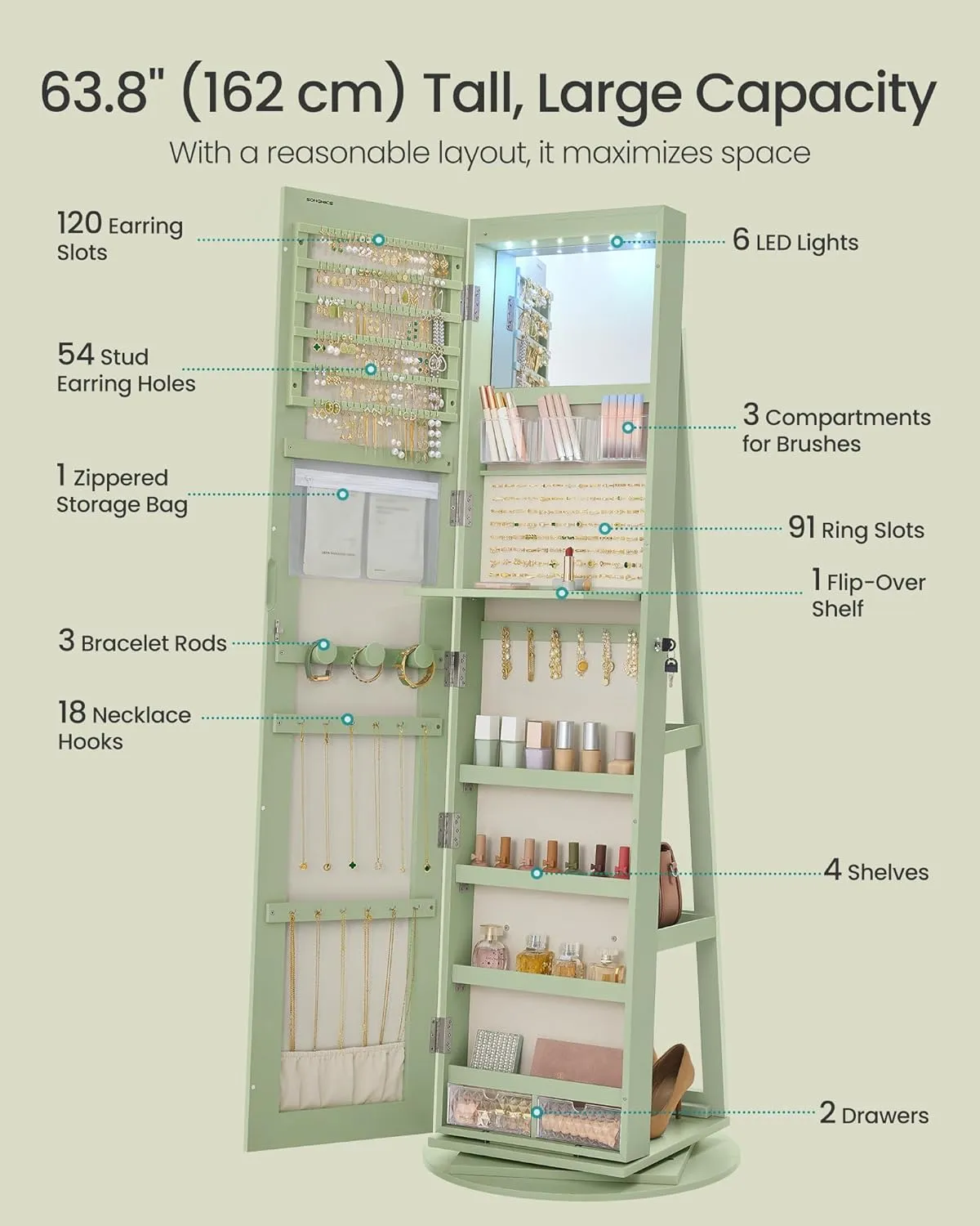SONGMICS 6 LEDs Lockable Mirror Jewelry Cabinet, 360° Swivel Jewelry Organizer Armoire Standing, Frameless Full-Length Mirror, 3 Storage Shelves, Laurel Green Surface, Cream White Lining UJJC007C01