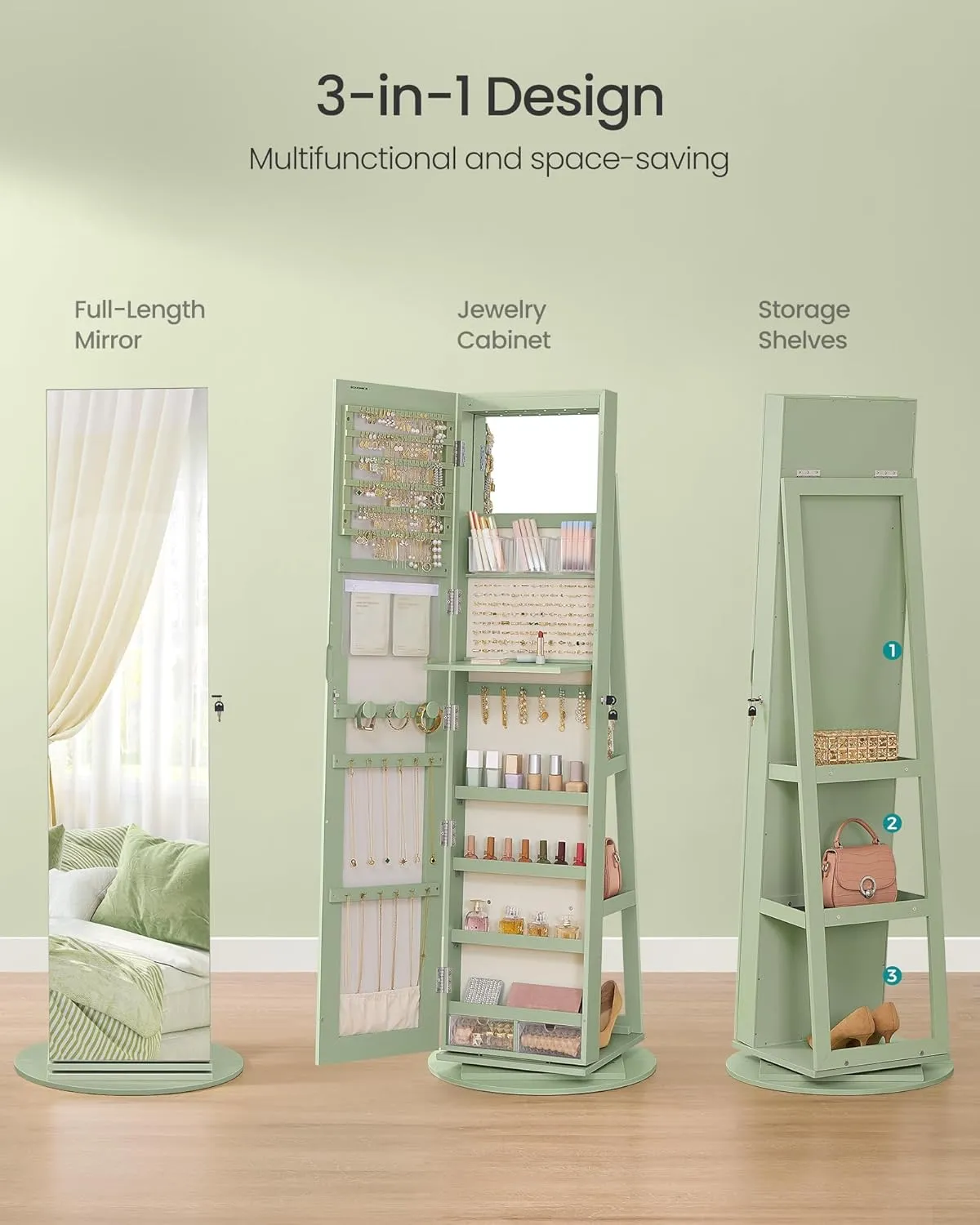 SONGMICS 6 LEDs Lockable Mirror Jewelry Cabinet, 360° Swivel Jewelry Organizer Armoire Standing, Frameless Full-Length Mirror, 3 Storage Shelves, Laurel Green Surface, Cream White Lining UJJC007C01