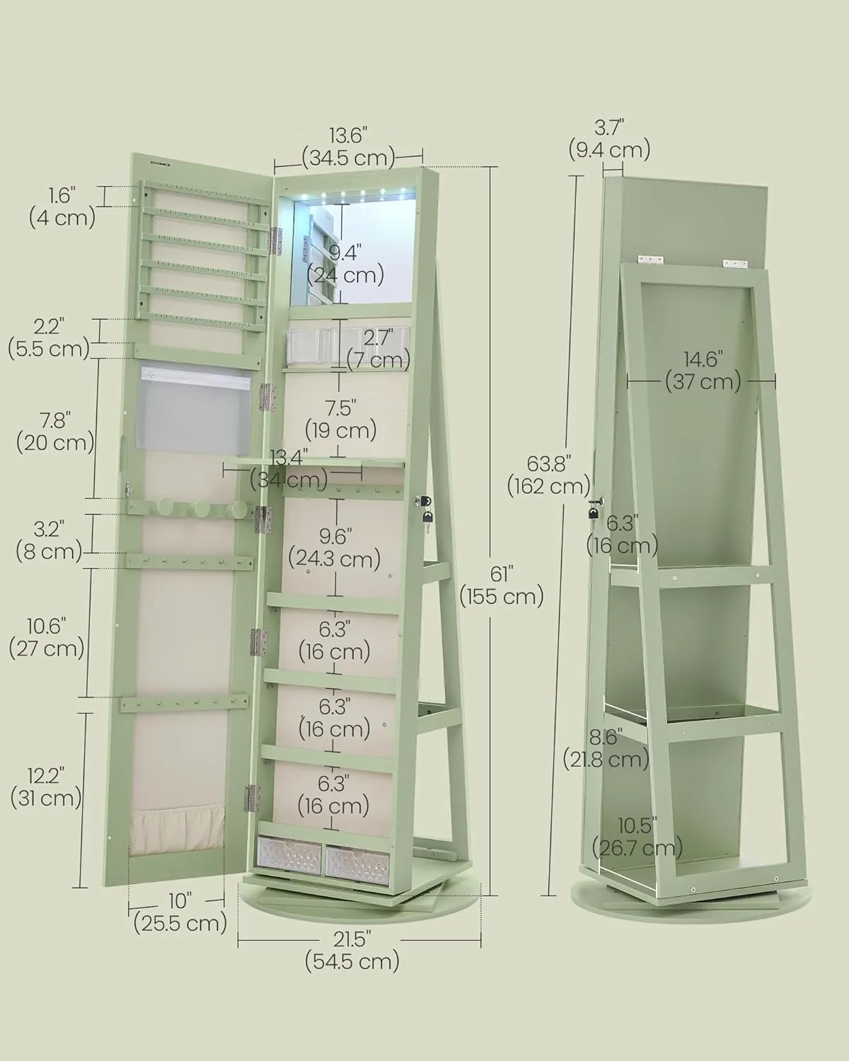 SONGMICS 6 LEDs Lockable Mirror Jewelry Cabinet, 360° Swivel Jewelry Organizer Armoire Standing, Frameless Full-Length Mirror, 3 Storage Shelves, Laurel Green Surface, Cream White Lining UJJC007C01