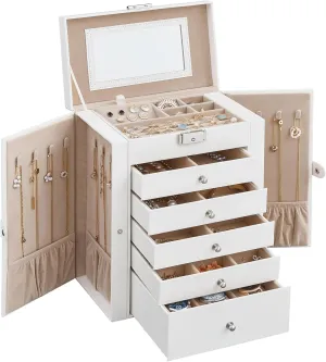 SONGMICS 6 Tier Jewelry Box, Jewelry Storage Organizer with 5 Drawers, Large Storage Capacity, with Mirror, Lockable, Jewelry Case, Gift for Loved Ones, For Watches, White UJBC152W01