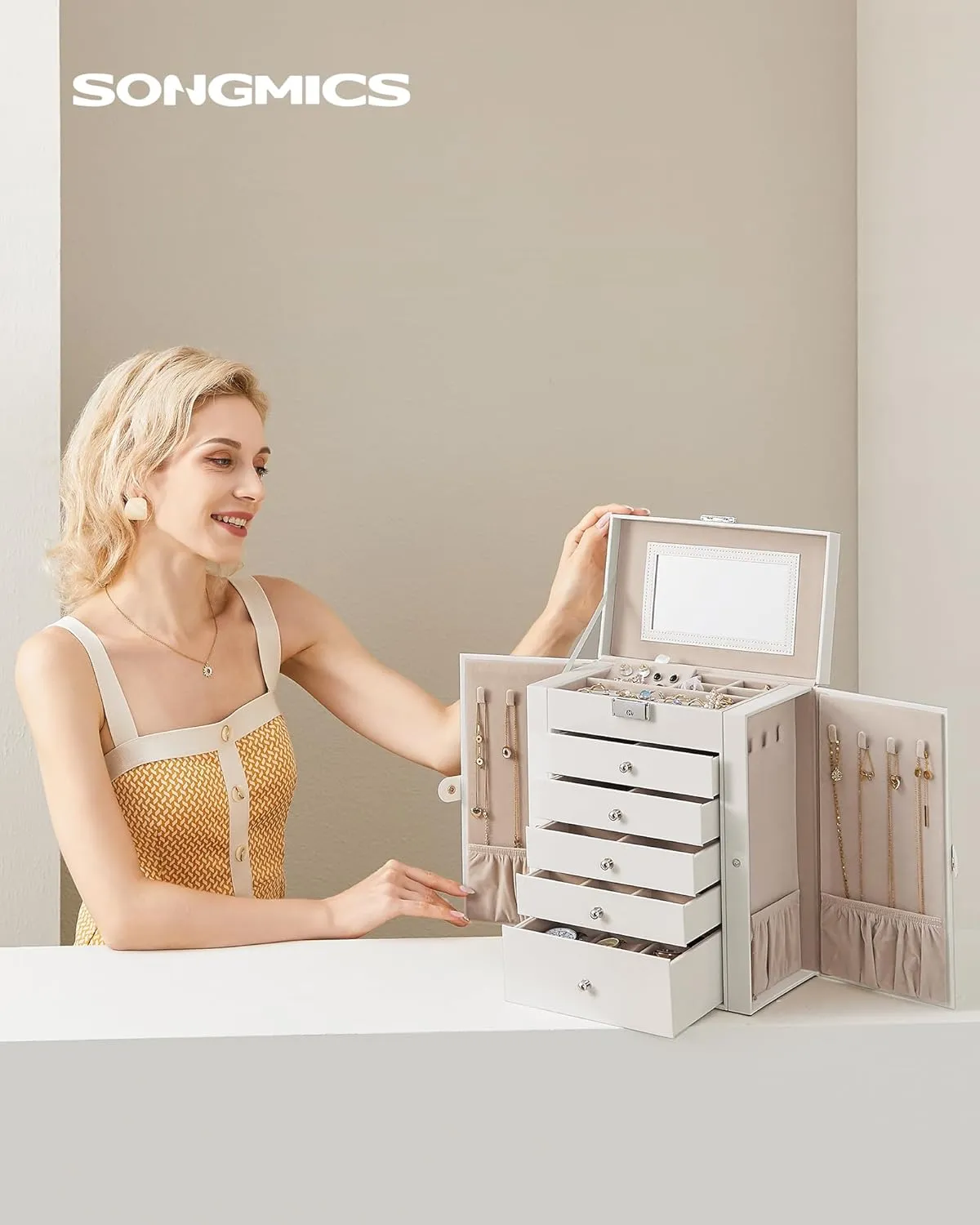 SONGMICS 6 Tier Jewelry Box, Jewelry Storage Organizer with 5 Drawers, Large Storage Capacity, with Mirror, Lockable, Jewelry Case, Gift for Loved Ones, For Watches, White UJBC152W01