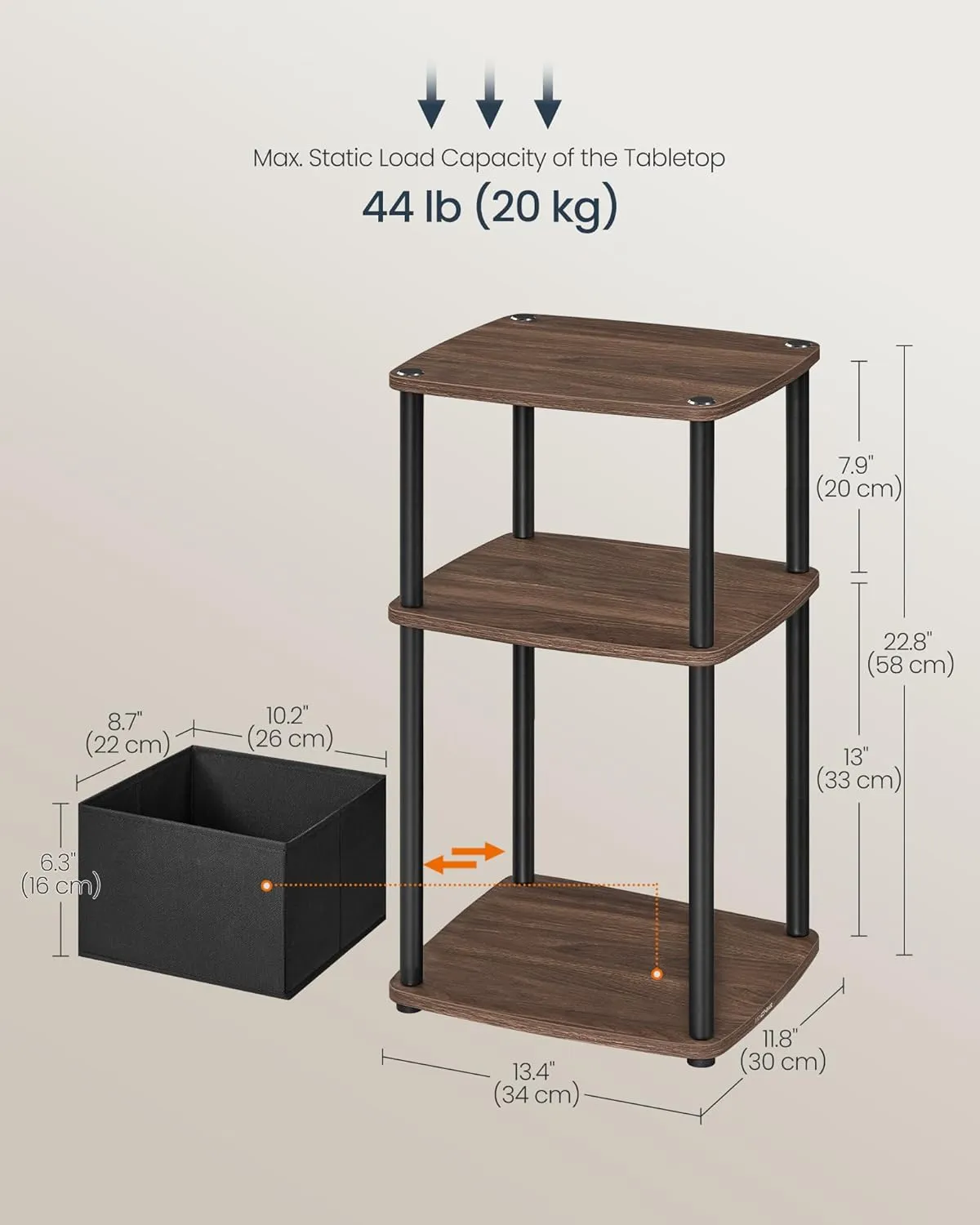 SONGMICS HOME Side Table, 3-Tier Nightstand with Storage, End Table with Fabric Basket, for Bedroom, Living Room, Steel Frame, Superfast Toolless Assembly, Modern, Ebony Walnut ULET286K01