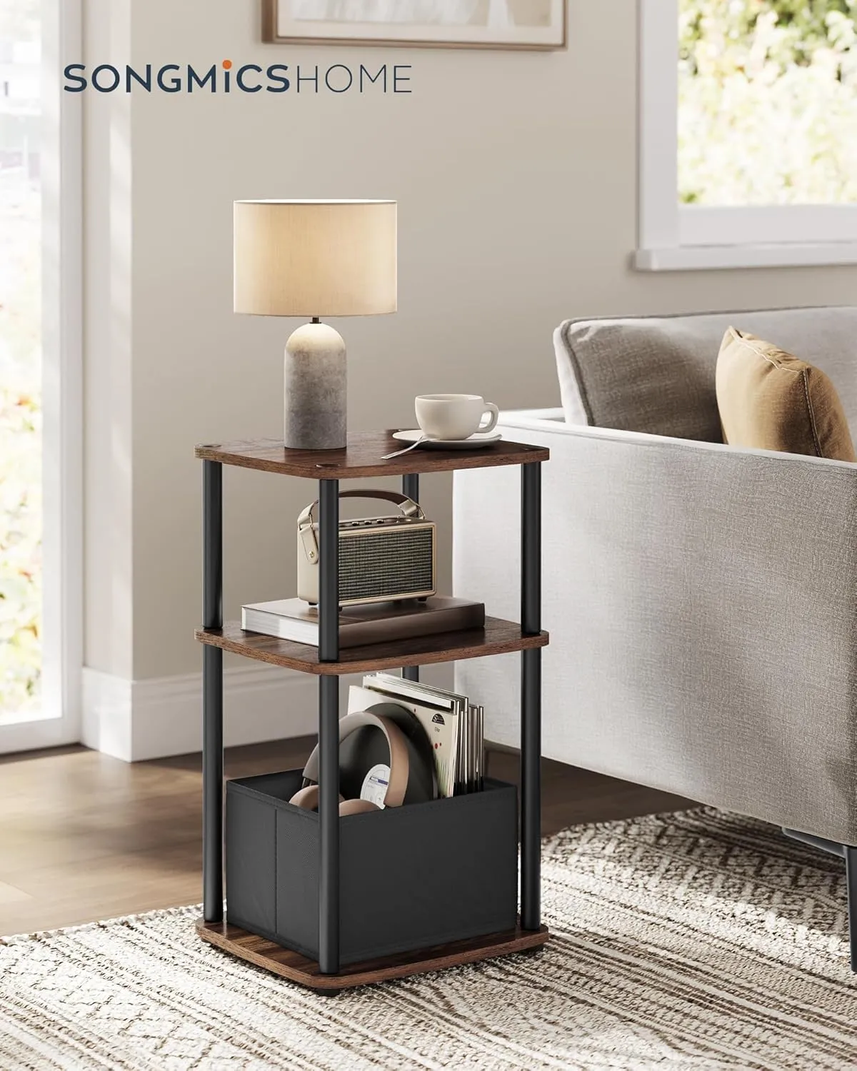 SONGMICS HOME Side Table, 3-Tier Nightstand with Storage, End Table with Fabric Basket, for Bedroom, Living Room, Steel Frame, Superfast Toolless Assembly, Modern, Ebony Walnut ULET286K01