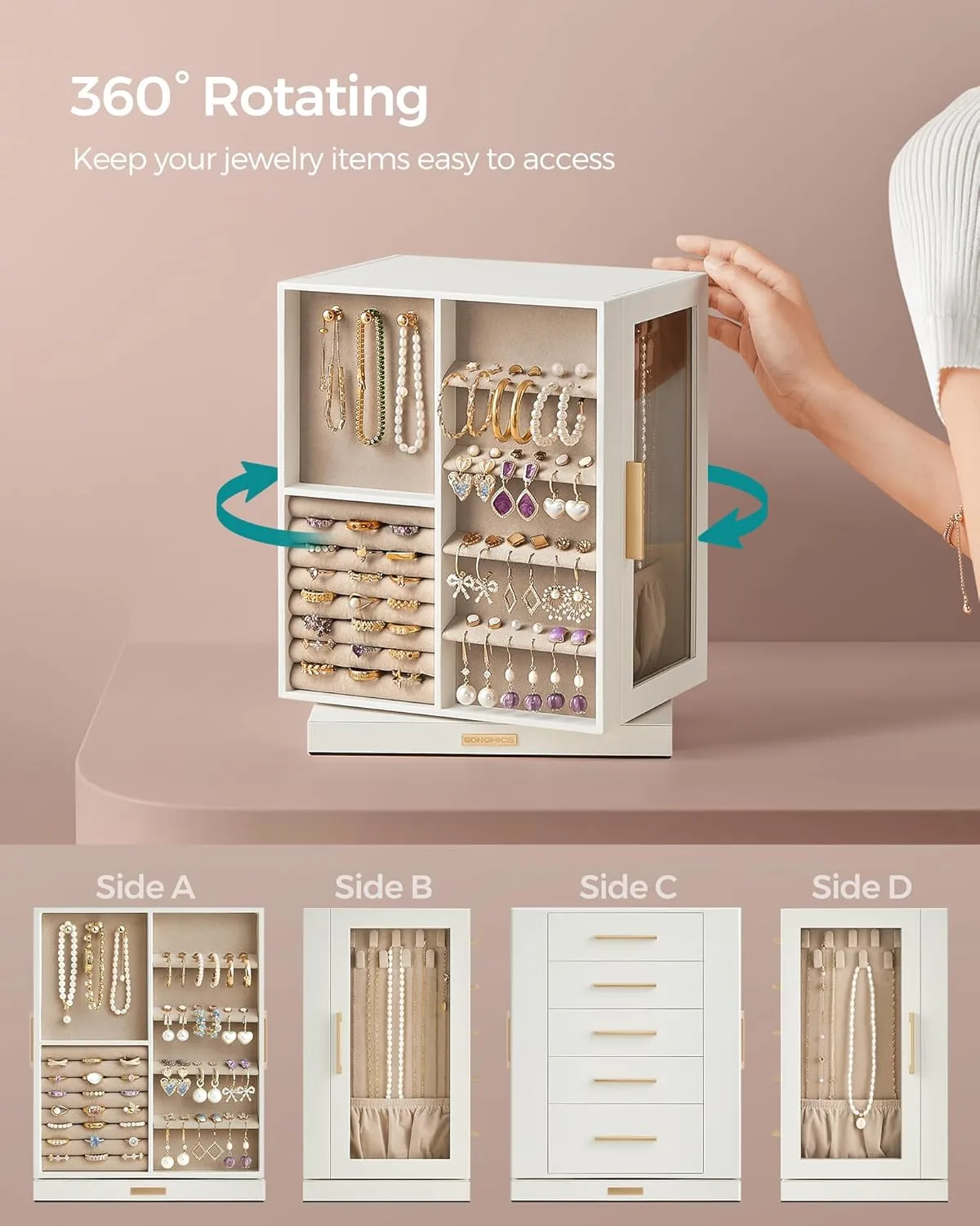 SONGMICS Jewelry Box 360° Rotating, Jewelry Storage Case with 5 Drawers, Jewelry Organizer, Glass Window, Spacious, Vertical Jewelry Storage, Open Design, Great Gift, Cloud White UJBC170W01