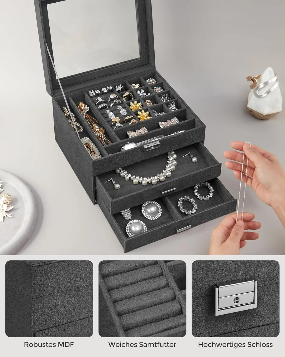 SONGMICS Jewelry Box, Lockable Jewelry Storage Organizer, Jewelry Case with Glass Window, for Rings, Earrings, Studs, Bracelets, Necklaces, Gray UJBC158G01