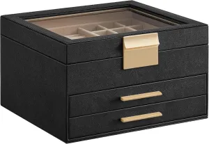 SONGMICS Jewelry Box Organizer with Glass Lid, 3-Layer Jewelry Storage, with 2 Drawers, Modern Style, Gift for Mom, 8 x 9.1 x 5.3 Inches, Graphite Black and Gold Color UJBC239B03