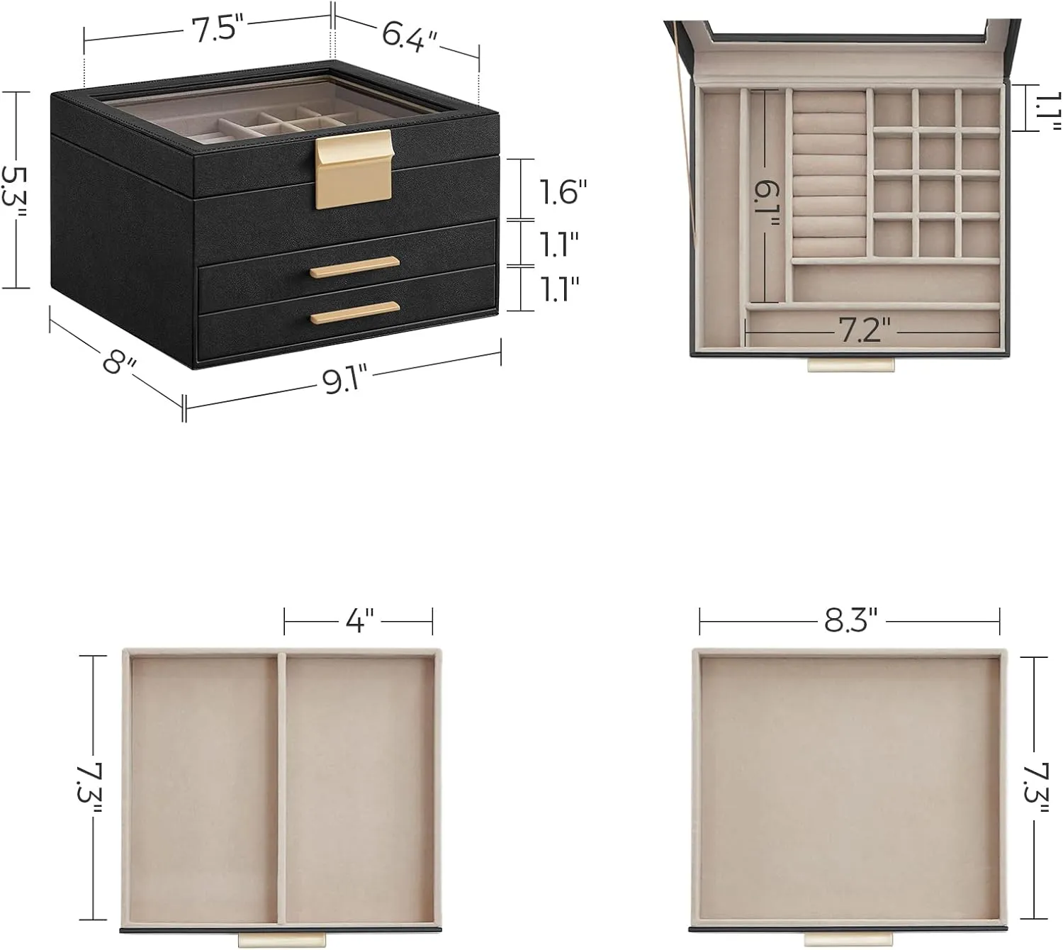 SONGMICS Jewelry Box Organizer with Glass Lid, 3-Layer Jewelry Storage, with 2 Drawers, Modern Style, Gift for Mom, 8 x 9.1 x 5.3 Inches, Graphite Black and Gold Color UJBC239B03