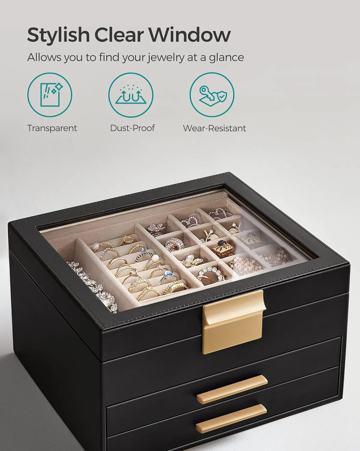 SONGMICS Jewelry Box Organizer with Glass Lid, 3-Layer Jewelry Storage, with 2 Drawers, Modern Style, Gift for Mom, 8 x 9.1 x 5.3 Inches, Graphite Black and Gold Color UJBC239B03