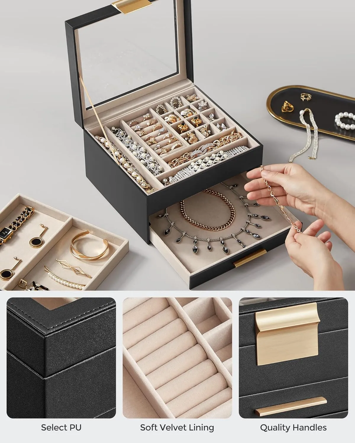 SONGMICS Jewelry Box Organizer with Glass Lid, 3-Layer Jewelry Storage, with 2 Drawers, Modern Style, Gift for Mom, 8 x 9.1 x 5.3 Inches, Graphite Black and Gold Color UJBC239B03