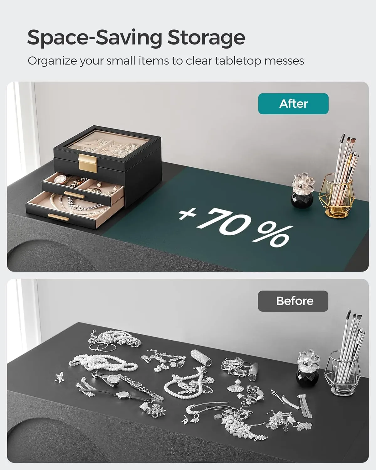 SONGMICS Jewelry Box Organizer with Glass Lid, 3-Layer Jewelry Storage, with 2 Drawers, Modern Style, Gift for Mom, 8 x 9.1 x 5.3 Inches, Graphite Black and Gold Color UJBC239B03