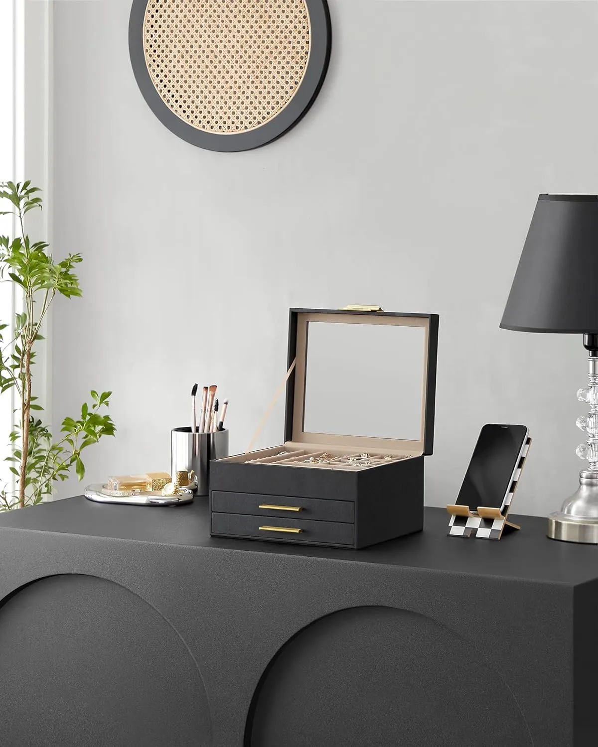 SONGMICS Jewelry Box Organizer with Glass Lid, 3-Layer Jewelry Storage, with 2 Drawers, Modern Style, Gift for Mom, 8 x 9.1 x 5.3 Inches, Graphite Black and Gold Color UJBC239B03