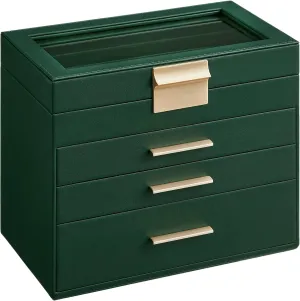 SONGMICS Jewelry Box Organizer with Glass Lid, 4-Layer Jewelry Storage, with 3 Drawers, Modern Style, 6 x 9.9 x 8.5 Inches, Forest Green and Gold Color UJBC161G01