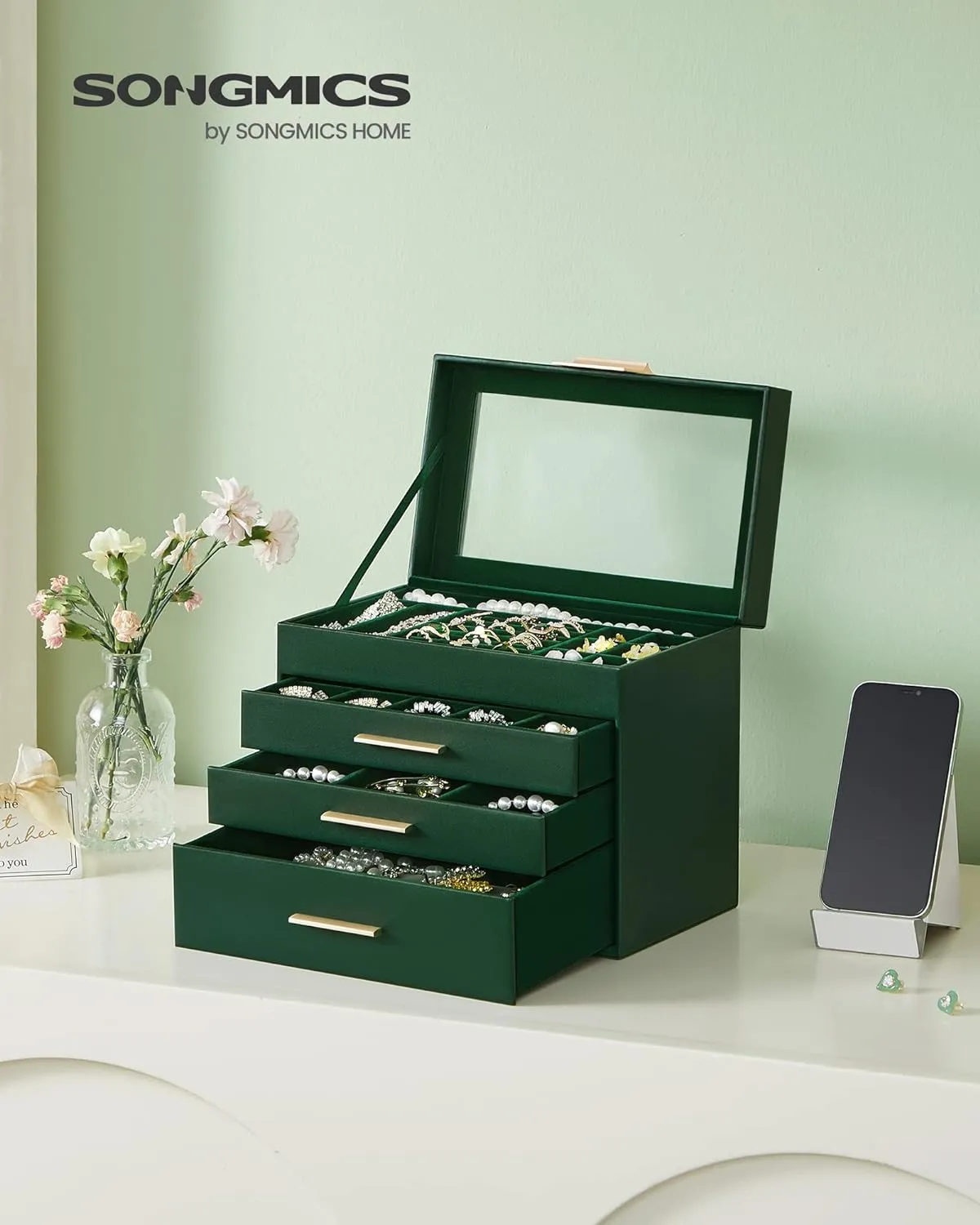SONGMICS Jewelry Box Organizer with Glass Lid, 4-Layer Jewelry Storage, with 3 Drawers, Modern Style, 6 x 9.9 x 8.5 Inches, Forest Green and Gold Color UJBC161G01